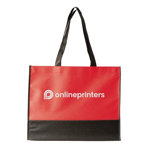 Red non-woven bag with long handles.