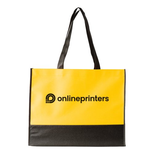 Yellow non-woven bag with carrying handles.
