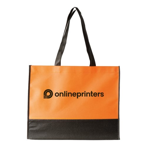 Orange non-woven bag with handles.