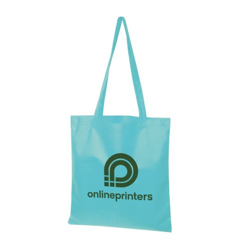 Turquoise non-woven bag with long handles.