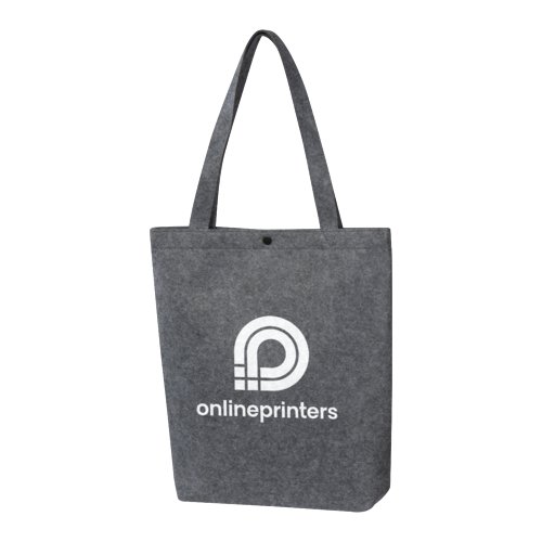 Grey felt bag with button closure and carrying handles.