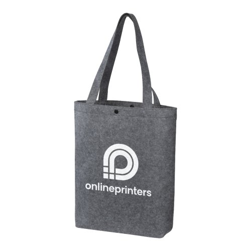 Gray felt bag with snap closure and carrying handles.