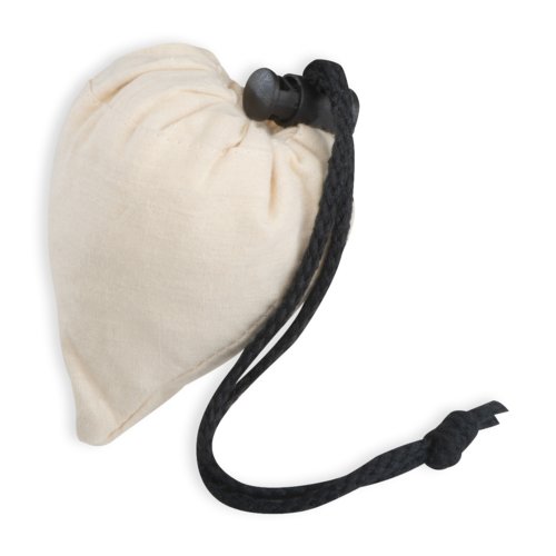 White cotton pouch with drawstring.