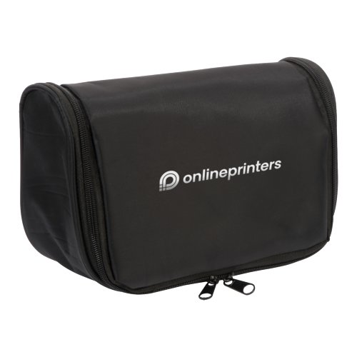 Black fabric toiletry bag with zipper.