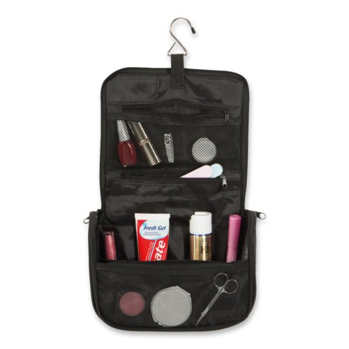 Black toiletry bag with hook for hanging and several compartments.