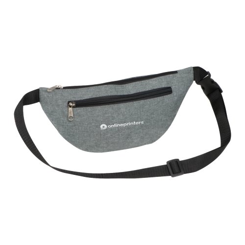 Gray fanny pack with adjustable strap and zipper closure.
