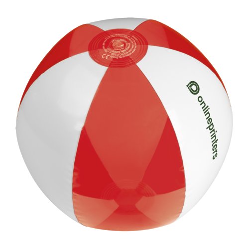 Red PVC beach ball, inflatable.