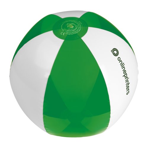 Green and white PVC beach ball, inflatable.