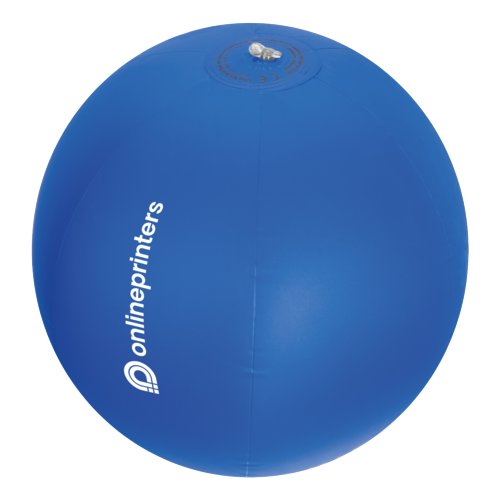 Blue plastic beach ball with inflatable valve.