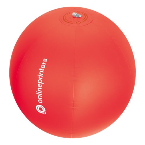 Red plastic beach ball with inflatable valve.