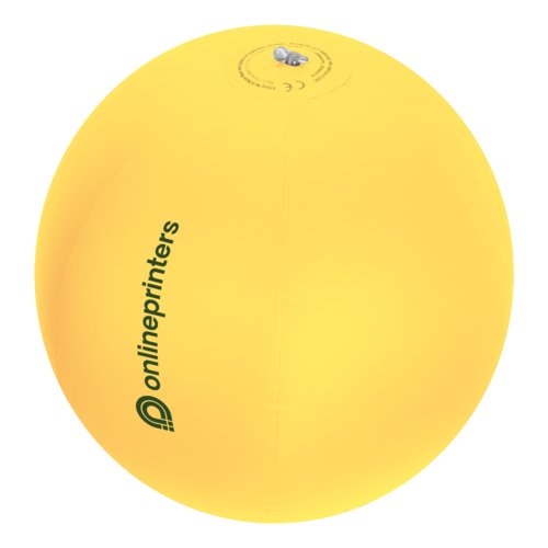 Yellow plastic beach ball with inflatable valve.