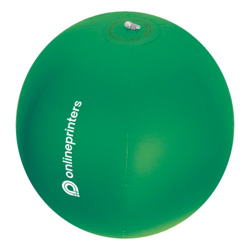 Green plastic beach ball with inflatable valve.