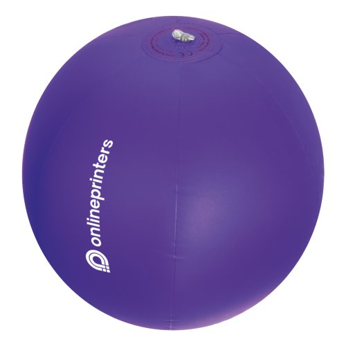 Violet plastic beach ball with inflatable valve.