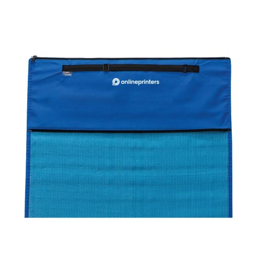 Blue beach mat with carrying handle and zipper.