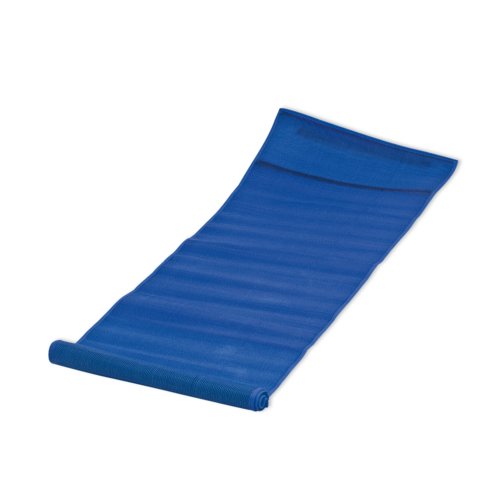 Blue fabric beach mat for rolling up.