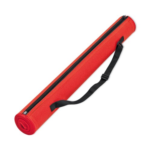Red beach mat with zipper and carrying strap.