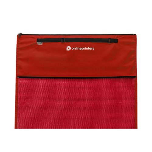 Red beach mat with carrying handle and zippered compartment.