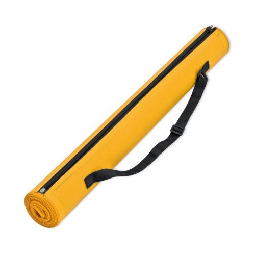 Yellow beach mat with zipper and carrying strap.