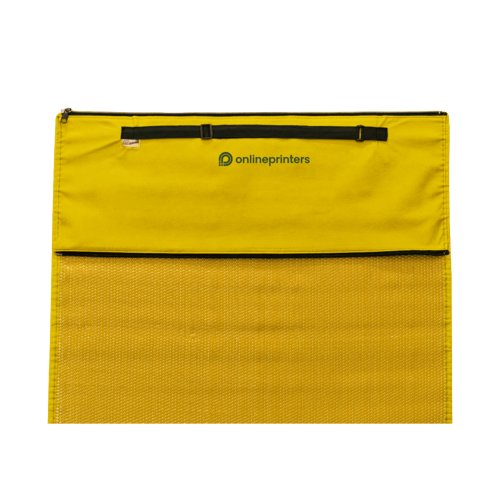 Yellow fabric beach mat with carrying strap.
