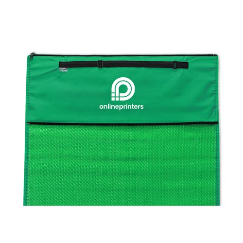 Green beach mat with carrying handle and zipper pocket.