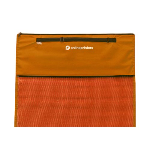 Orange beach mat with carrying handle and pattern.