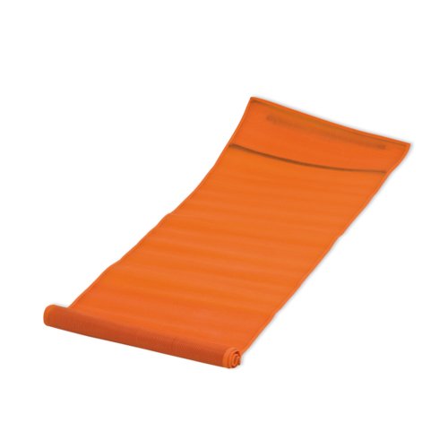 Orange textile beach mat, rollable.