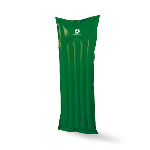 Green plastic air mattress with inflatable chambers.