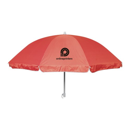 Red beach umbrella with metal pole and struts.