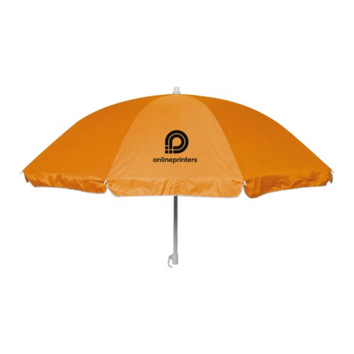 Orange sun umbrella with frame and cover.