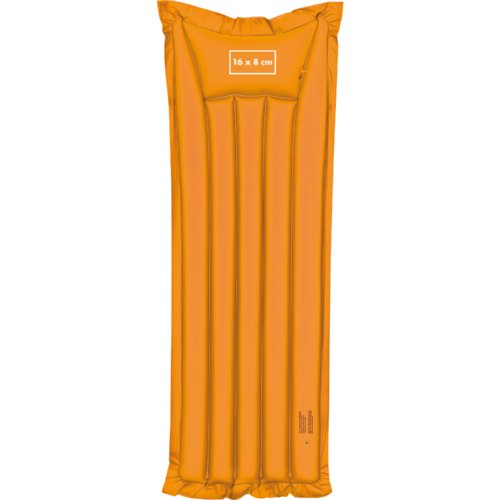 Orange inflatable air mattress made of plastic with an elongated shape.