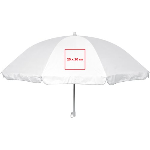 White fabric sun umbrella with metal frame and rounded edges.