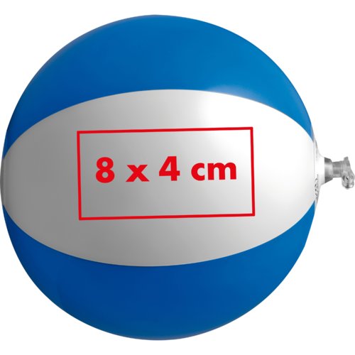 Blue and white plastic water ball with inflatable valve.