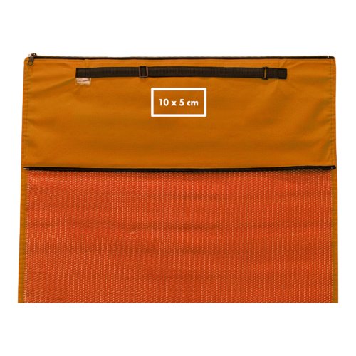 Orange beach mat with carrying handle and zipper.