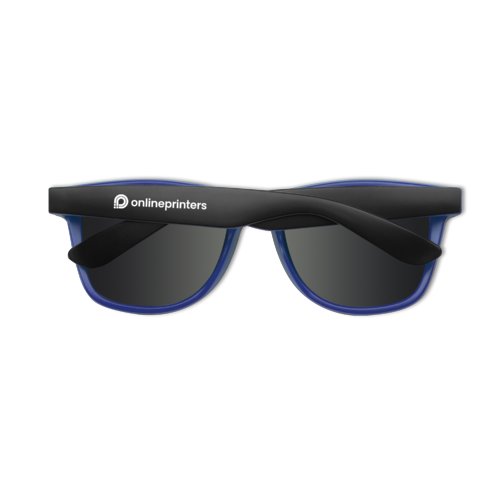 Blue plastic sunglasses with dark lenses.