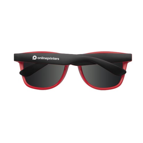 Red plastic sunglasses with dark lenses.