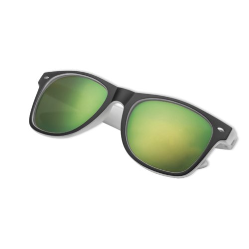 Black sunglasses with colored lenses.