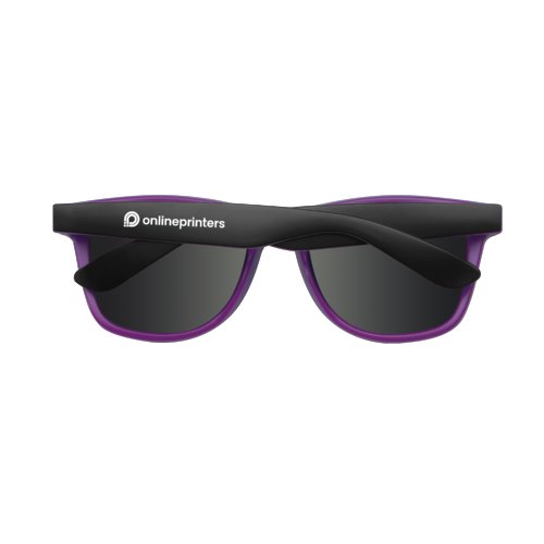 Violet plastic sunglasses with dark lenses.
