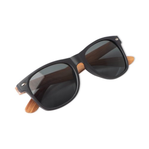 Black sunglasses with wood temples.