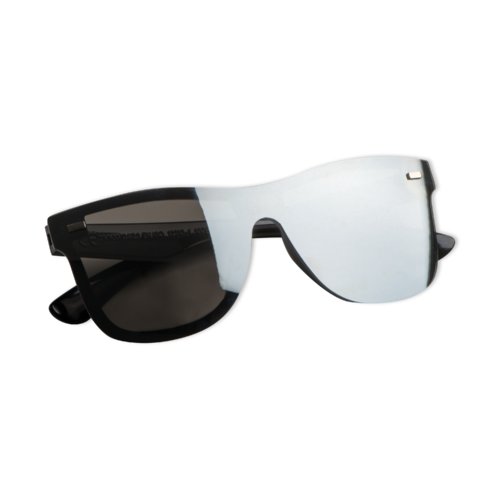 Black plastic sunglasses with mirrored lenses.