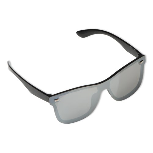 Black plastic sunglasses with mirrored lenses.