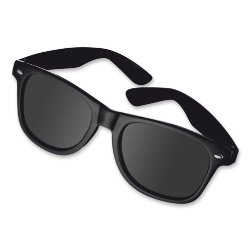 Black plastic sunglasses with dark lenses.