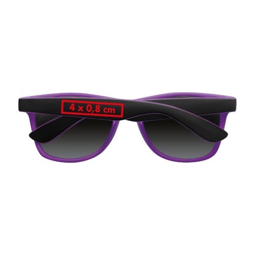 Purple plastic sunglasses with dark lenses.