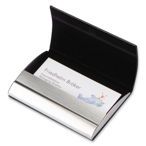Black leather business card case with metal elements.