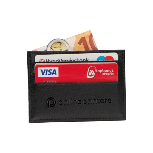 Black leather card holder with RFID protection.