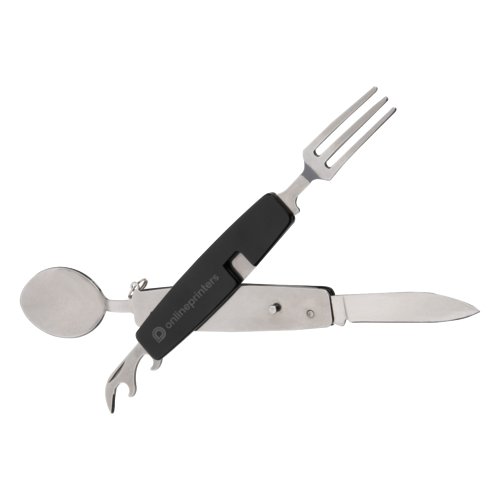 Black metal camping cutlery set with knife, fork, spoon and bottle opener.