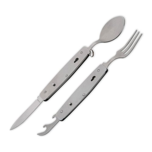 Black metal camping cutlery with knife, fork, spoon and bottle opener.