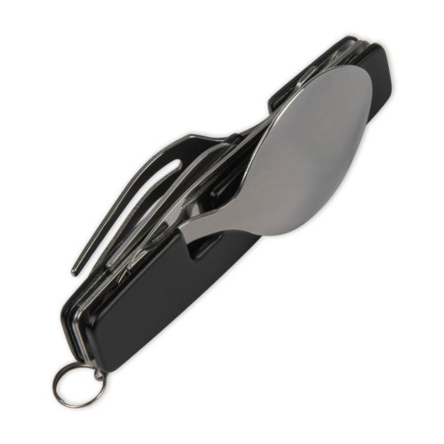 Black metal camping cutlery with folding knife, fork, and spoon.