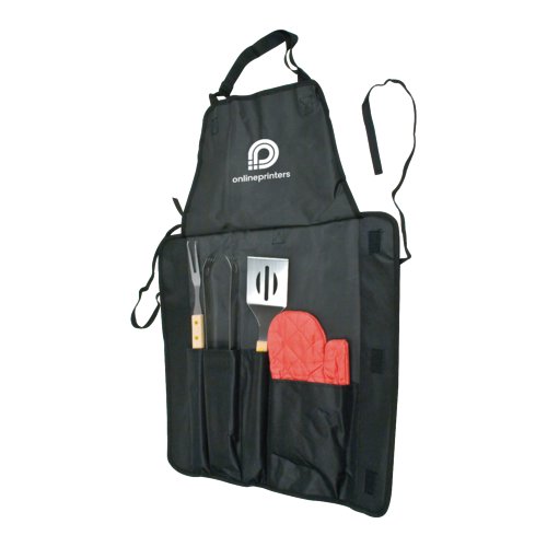Black barbecue apron with adjustable neck strap and pockets.