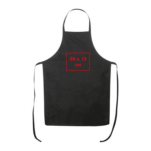 Black cotton apron with neck strap and long ties.