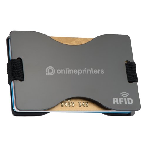 Gray metal card holder with RFID protection and elastic band.